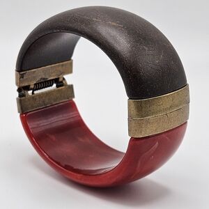 VINTAGE Two-Tone Red Marbled Plastic and Wood Clamper Bangle Bracelet